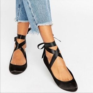 ASOS Satin Black Ballet Flats With Ribbon